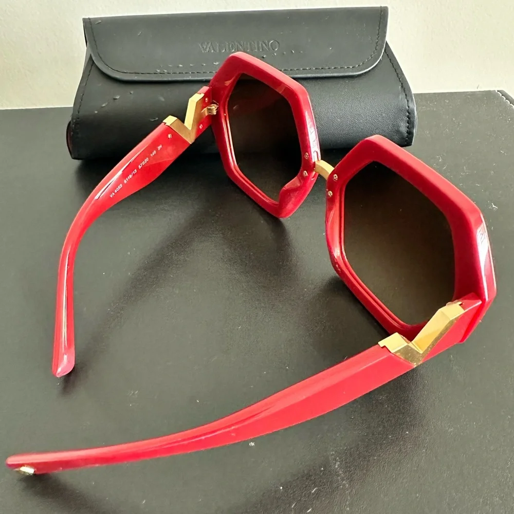 Valentino Red Hexagonal Frame Sunglasses with Gold Accent